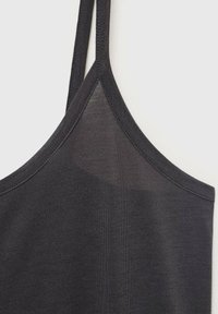 Black tank top with adjustable straps, made of smooth, lightweight fabric. Features a racerback design with a subtle sheen. No visible patterns.