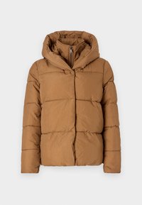 Giacca a soffietto marrone con cappuccio, chiusura con zip e design trapuntato con pannelli orizzontali per l'isolamento. Texture liscia e morbida.