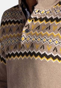 Bruine gebreide trui met een hoge kraag, voorzien van een geometrisch patroon in geel, zwart en wit, en twee marineblauwe knopen bij de hals.