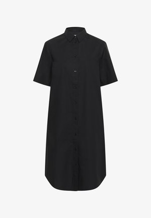 Robe chemise noire à manches courtes avec col, dotée d'une fermeture par boutons sur le devant, d'une coupe décontractée et d'un ourlet droit pour un design minimaliste.