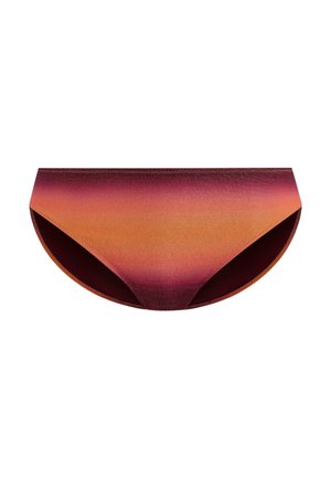 Satin bikini brief featuring a gradient from deep burgundy to bright orange, with a smooth texture and seamless edges for comfort.