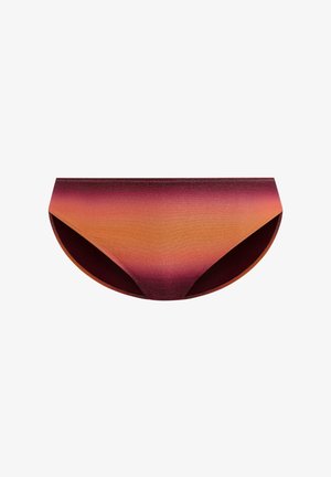 Satin bikini brief featuring a gradient from deep burgundy to bright orange, with a smooth texture and seamless edges for comfort.