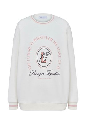 Weißes Sweatshirt mit pinken Akzenten, das einen runden Grafikdruck mit Text und einem Logo in der Mitte zeigt. Weicher Stoff, Rundhalsausschnitt und gerippte Bündchen.