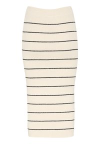 Fustă tip creion tricotată în crem cu dungi orizontale negre, având un design ajustat și o textură netedă. Fără detalii sau accente notabile.