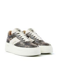 Sneakers with a textured snakeskin pattern in shades of brown and grey, featuring white laces and a thick white sole.