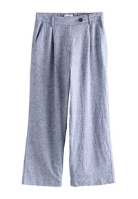 Helehallid laiade jalgadega püksid, valmistatud linase seguga kangast, millel on peen tekstuur, ees voldid ja küljetaskud.