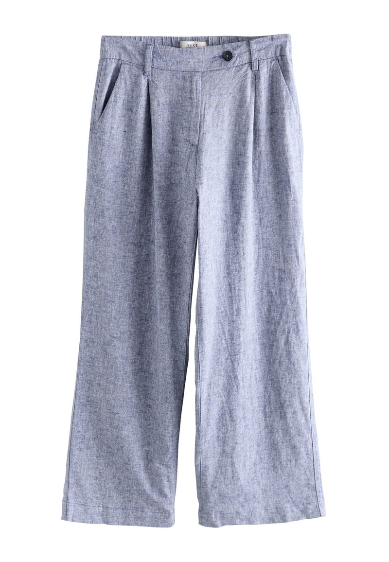 Helehallid laiade jalgadega püksid, valmistatud linase seguga kangast, millel on peen tekstuur, ees voldid ja küljetaskud.