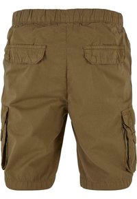 Cargo shorts i olivengrønt stof med elastisk talje, sidelommer med klaffer og en afslappet pasform. Glat tekstur, ingen mønstre.