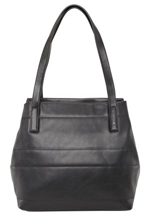 Sac cabas en cuir noir avec deux longues poignées et des détails de surpiqûres horizontales discrètes.