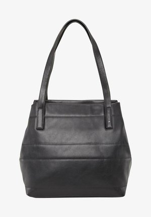 Sac cabas en cuir noir avec deux longues poignées et des détails de surpiqûres horizontales discrètes.