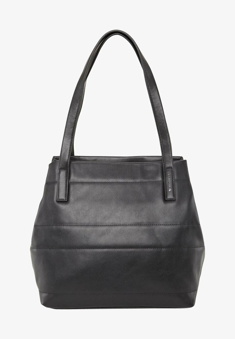 Sac cabas en cuir noir avec deux longues poignées et des détails de surpiqûres horizontales discrètes.