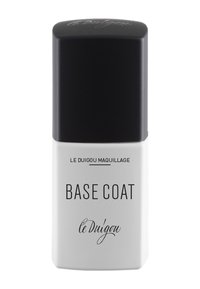 Basislack in rechteckiger weißer Flasche mit schwarzem Deckel. Das vordere Etikett zeigt "BASISLACK" in fetter Schrift und "le Duigou maquillage" in kleinerer Schrift.
