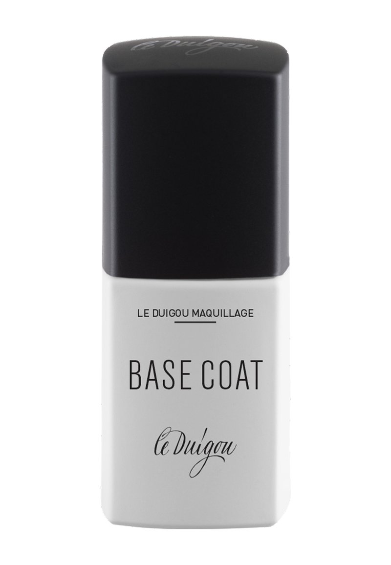 Basislack in rechteckiger weißer Flasche mit schwarzem Deckel. Das vordere Etikett zeigt "BASISLACK" in fetter Schrift und "le Duigou maquillage" in kleinerer Schrift.