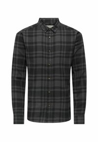 Langarmige geruite blouse in zwart en grijs, met een kraag, knoopsluiting aan de voorkant en een zachte stofstructuur.