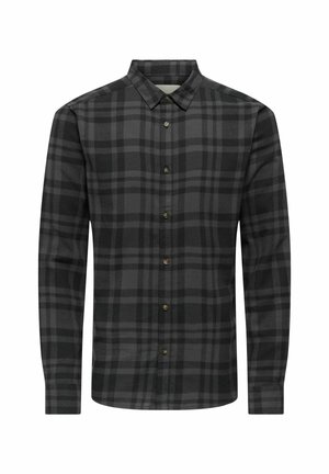 Long-sleeve plaid shirt in black and gray tones, featuring a collared neckline, button-front closure, and soft fabric texture.