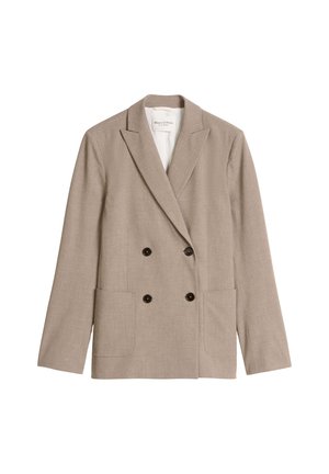 Beiger zweireihiger Blazer mit Reverskragen, vier dunklen Knöpfen, zwei aufgesetzten Fronttaschen und einem weißen Innenfutter.