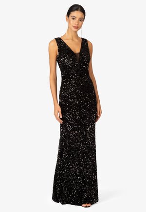 Schwarzes Abendkleid aus Pailletten mit tiefem V-Ausschnitt und ärmellosem Design. Verfügt über eine taillierte Silhouette und eine glatte Textur.