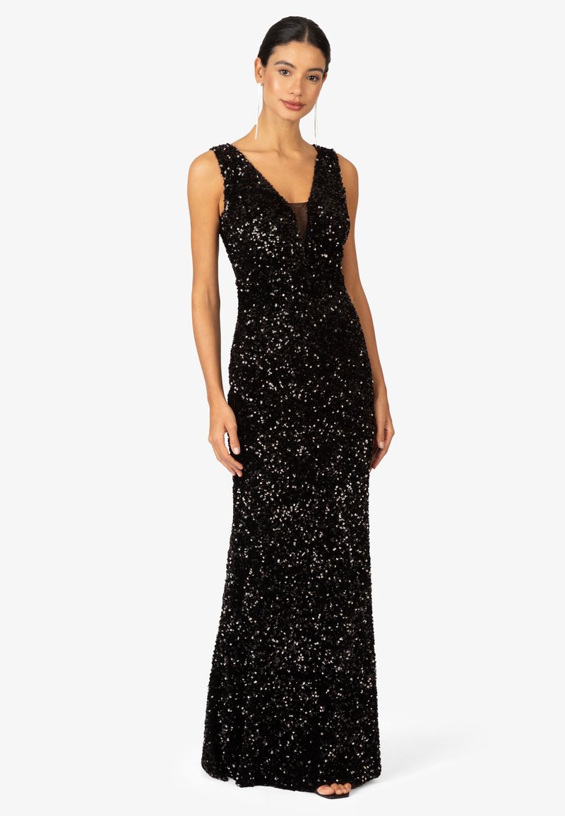 Schwarzes Abendkleid aus Pailletten mit tiefem V-Ausschnitt und ärmellosem Design. Verfügt über eine taillierte Silhouette und eine glatte Textur.