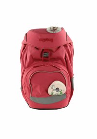 Sac à dos en tissu rouge avec des bretelles ajustables, une poche zippée à l'avant, des accents gris et un badge décoratif de lama sur la poche avant.
