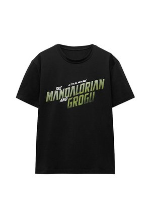 Black short-sleeve t-shirt with green and white text reading "Star Wars The Mandalorian and Grogu" on the front.