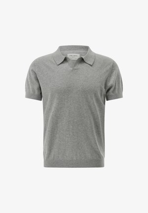 Graues kurzärmliges Poloshirt aus weichem Material, mit klassischem Kragen, V-Ausschnitt und gerippten Bündchen und Saum.