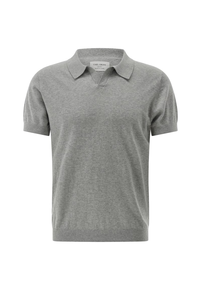 Graues kurzärmliges Poloshirt aus weichem Material, mit klassischem Kragen, V-Ausschnitt und gerippten Bündchen und Saum.