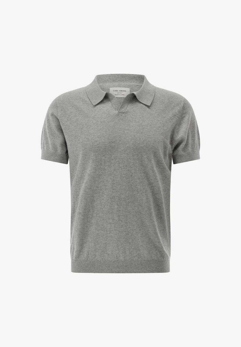 Graues kurzärmliges Poloshirt aus weichem Material, mit klassischem Kragen, V-Ausschnitt und gerippten Bündchen und Saum.