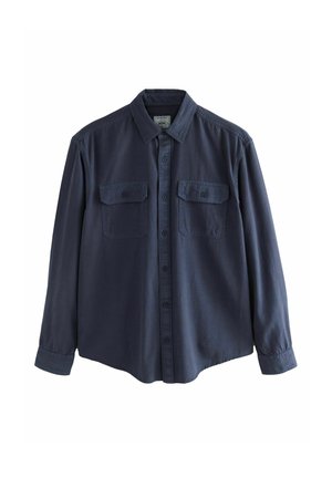 Dark navy button-up shirt with long sleeves, two chest pockets, a pointed collar, and a smooth fabric texture.