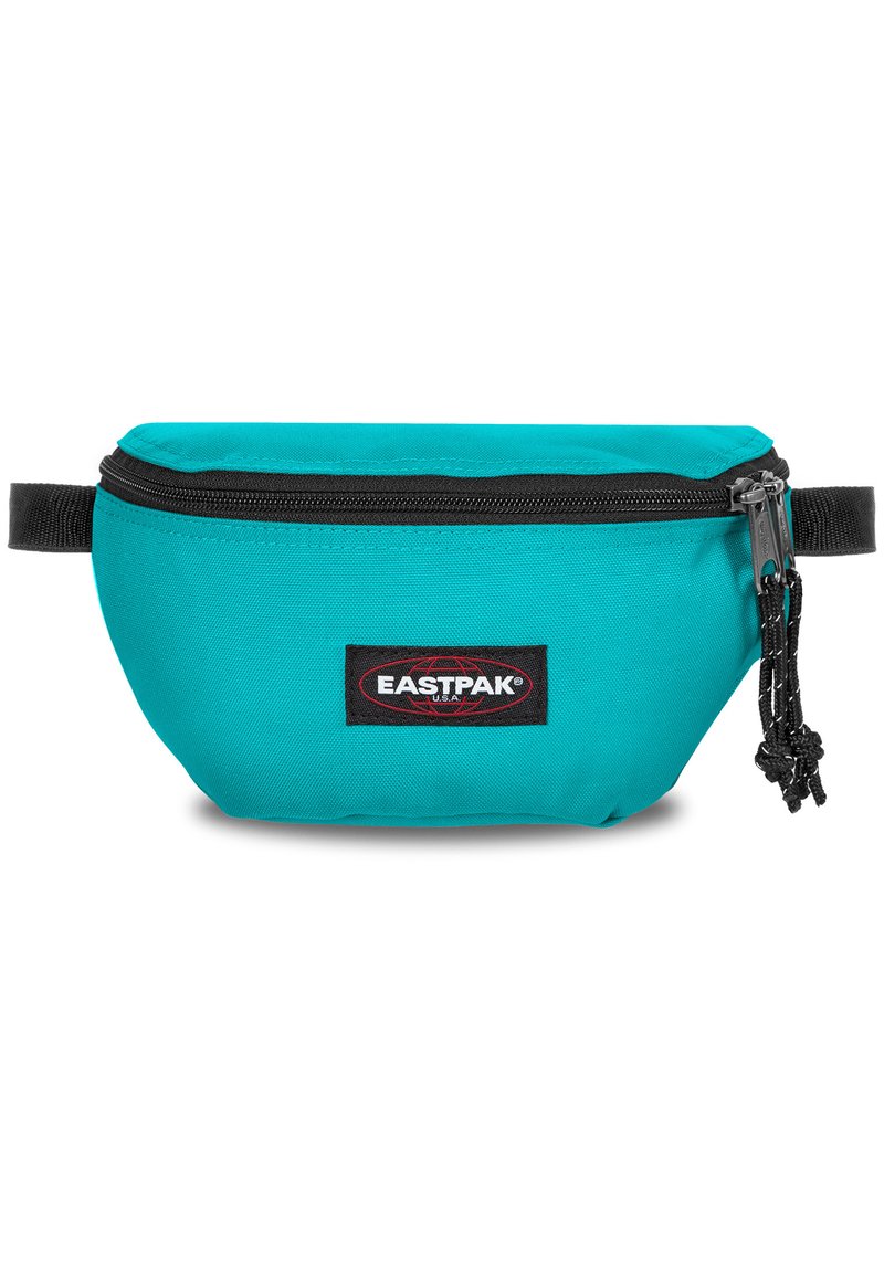 Marsupio in tessuto teal con cerniera nera e tiranti. Presenta un'etichetta con il logo Eastpak sulla parte anteriore. Forma arrotondata con tracolla regolabile.