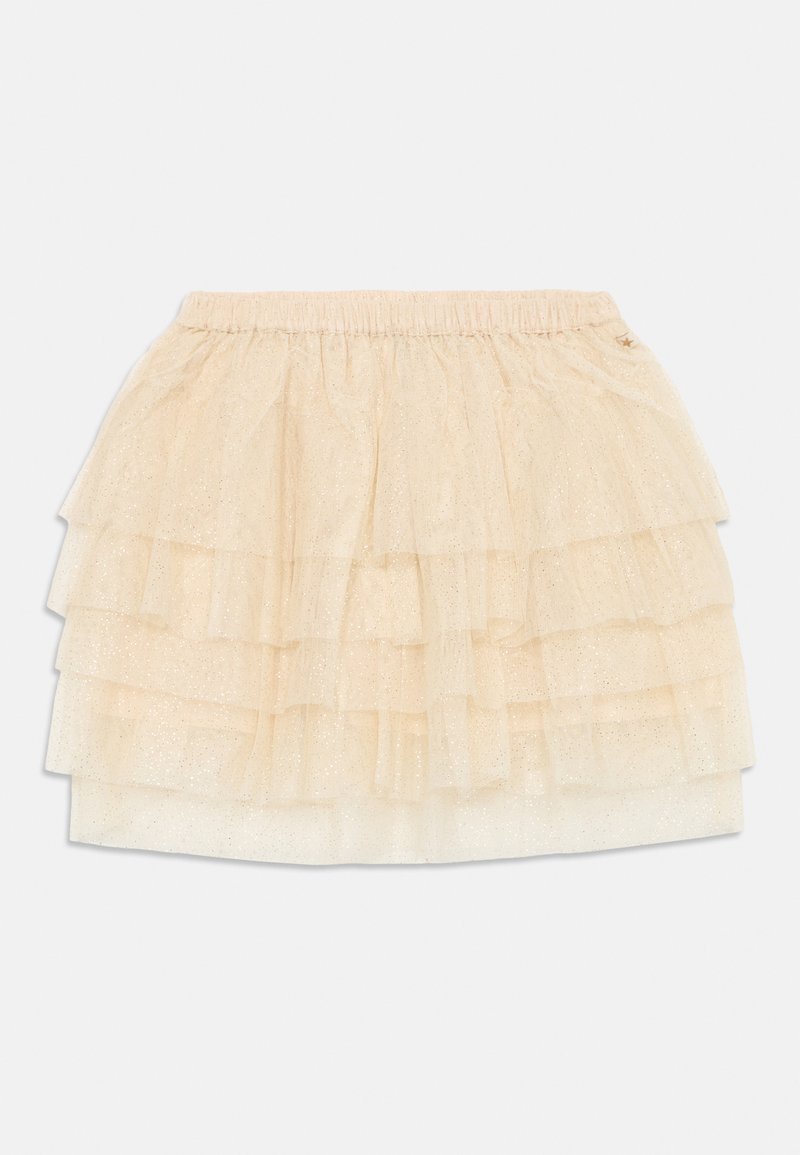 Beige, réteges tüll szoknya gumis derékkal és diszkrét csillogással, gyermekek számára tervezve.