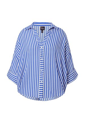 Blå og hvid lodret stribet skjorte i løs pasform med brede ærmer og krave, med hvide knapper foran.