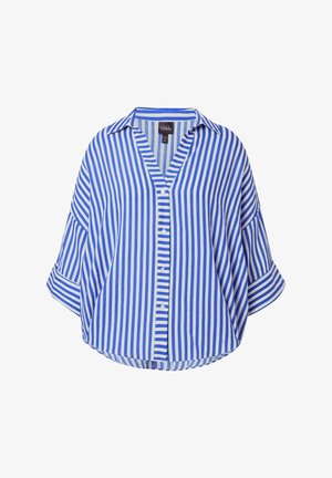 Blå og hvid lodret stribet skjorte i løs pasform med brede ærmer og krave, med hvide knapper foran.
