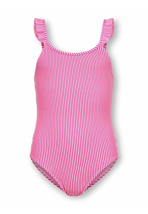 Jednodelni kupaći kostim s vertikalnim ružičasto-bijelim prugama i naboranim naramenicama, prikazan na bijeloj pozadini.