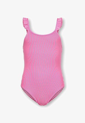 Vaaleanpunavalkoraidallinen yksiosainen uimapuku, jossa on röyhelöiset olkaimet, valkoisella taustalla esitettynä.