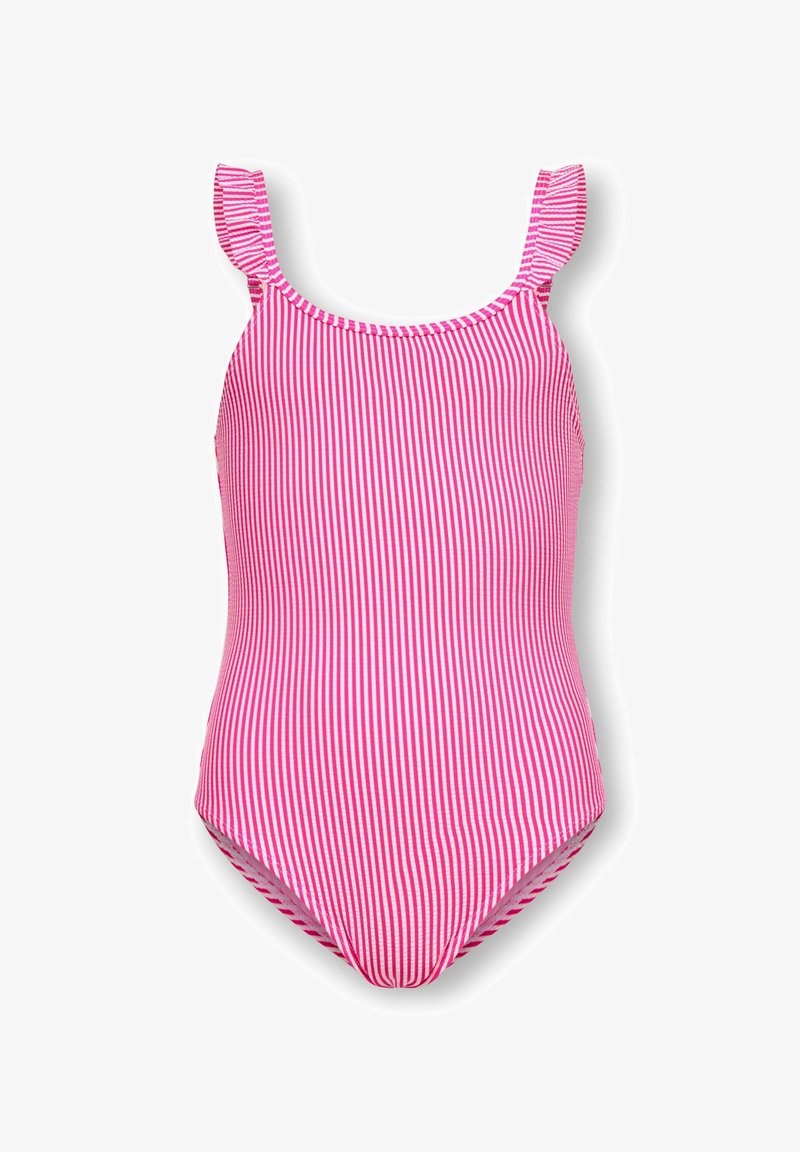 Maillot de bain une pièce rayé verticalement rose et blanc avec bretelles à volants, affiché sur fond blanc.