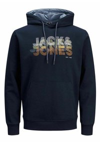 Felpa con cappuccio blu navy realizzata in misto cotone, dotata di tasca frontale a canguro, cappuccio con cordino e stampa grafica multicolore "JACKS & JONES".
