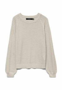 Maglione a maglia grigio chiaro con motivo testurizzato, scollatura rotonda e maniche lunghe. Polsini e orlo a coste. Materiale morbido, vestibilità casual.