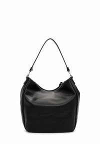 Sac à épaule en cuir noir avec une forme incurvée, fermeture zippée et une seule bandoulière ajustable. Texture lisse avec des accents matériels minimalistes.