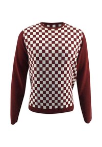 Burgunderfarbener Pullover mit einem weißen Schachbrettmuster auf der Vorderseite und einfarbigen burgunderfarbenen Ärmeln. Rundhalsausschnitt, gerippter Saum und Bündchen.