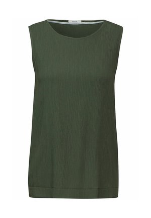 Grünes ärmelloses Oberteil mit strukturierter Oberfläche, Rundhalsausschnitt, geradem Saum und minimalistischem Design. Hergestellt aus leichtem Stoff.