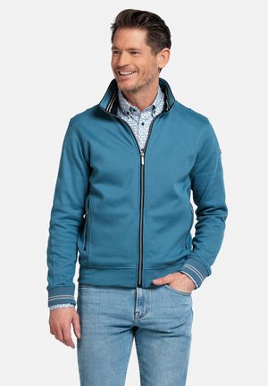 Herren-Jacke mit Reißverschluss in Teal, ausgestattet mit einem hohen Kragen, kontrastierenden Streifenakzenten und gerippten Bündchen. Dazu wird ein gemustertes Hemd darunter getragen.