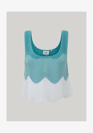 Kootud tank ülikond, millel on laine muster teal ja valge gradientvarjundites. Ümar kaelus, ilma varrukateta, kerge tekstuur.