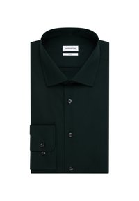 Donkergroene overhemd met kraag en placket, lange mouwen en zwarte knopen. Het heeft een enkele manchet met knoopsluiting. Labels zichtbaar binnenin de kraag.