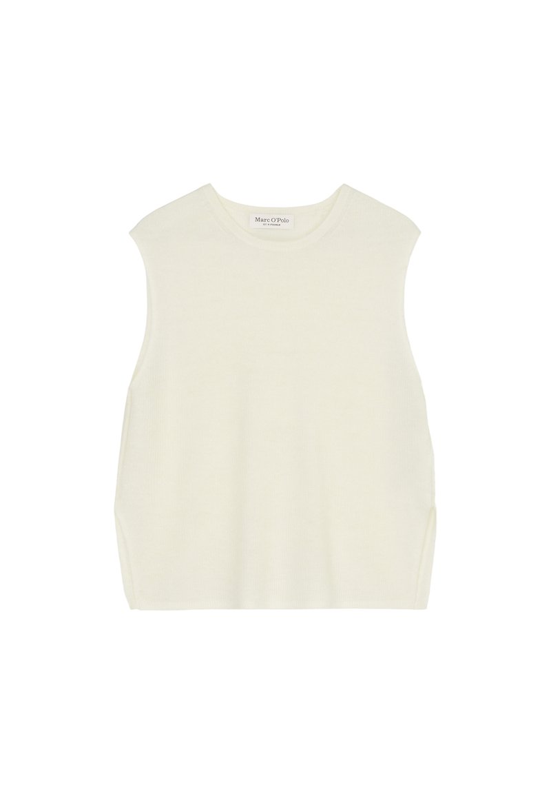 Beżowy top bez rękawów z okrągłym dekoltem i bocznymi rozcięciami. Miękka tekstura, minimalistyczny design i prążkowe detale u dołu.