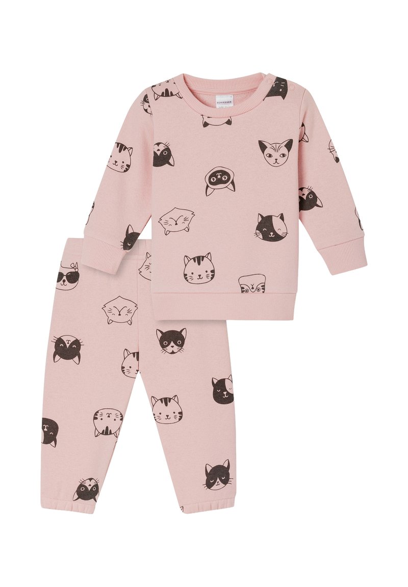 Rosa Langarm-Outfit für Kleinkinder mit schwarz-weißen Cartoon-Katzenmotiven, die auf dem Oberteil und der Hose gedruckt sind.
