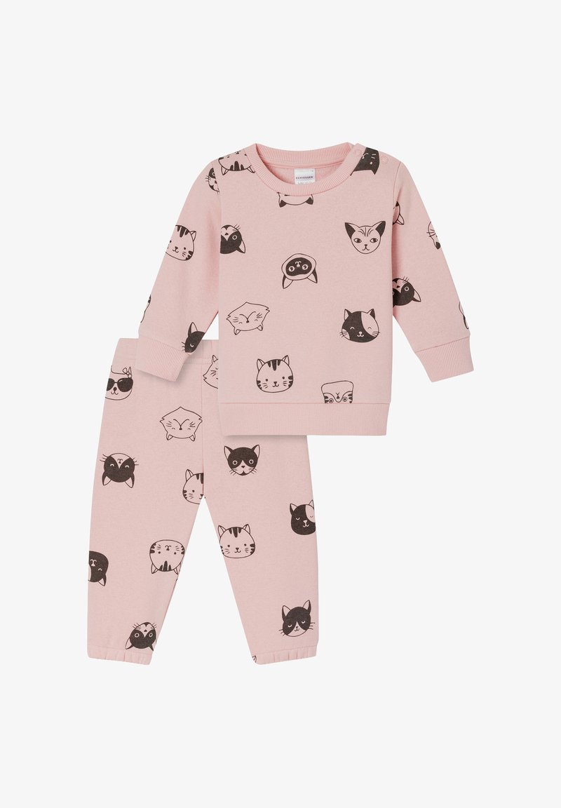 Rosa Langarm-Outfit für Kleinkinder mit schwarz-weißen Cartoon-Katzenmotiven, die auf dem Oberteil und der Hose gedruckt sind.