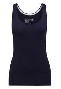 Top senza maniche in cotone organico blu navy con scollo rotondo, spalline larghe e un bordo a contrasto grigio chiaro lungo lo scollo.