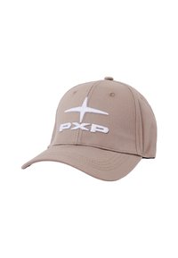 Gorra de béisbol de algodón beige con visera curvada, que presenta un logotipo bordado en blanco con "PX" y una estrella en el frente, y seis ojales de ventilación.