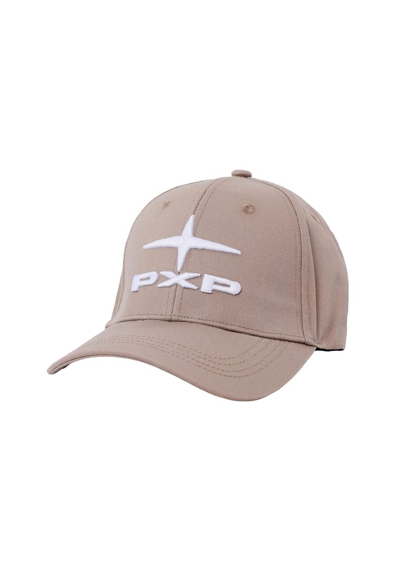 Gorra de béisbol de algodón beige con visera curvada, que presenta un logotipo bordado en blanco con "PX" y una estrella en el frente, y seis ojales de ventilación.