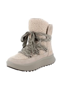 Sneaker alta beige con un upper in tessuto testurizzato e fuzzy, dettagli in suede e lacci piatti grigi. Suola spessa e imbottita con un pattern di trazione.